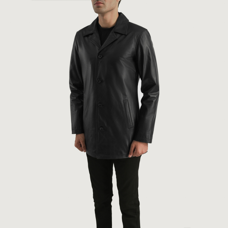 Mens Urban Slate Black Leather Coat Side Pose-3-1700223177868